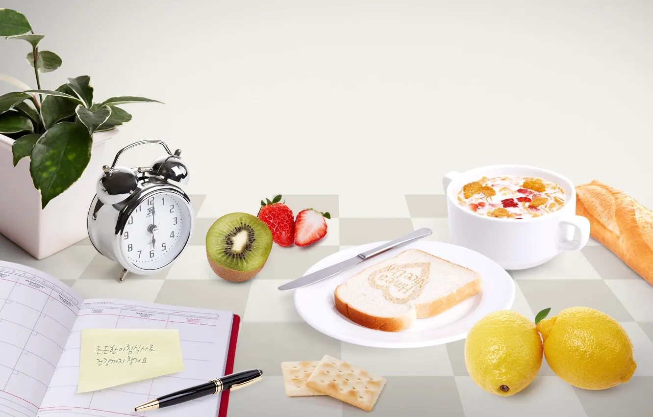 Photo wallpaper flower, table, Breakfast, morning, kiwi, milk, alarm clock, strawberry