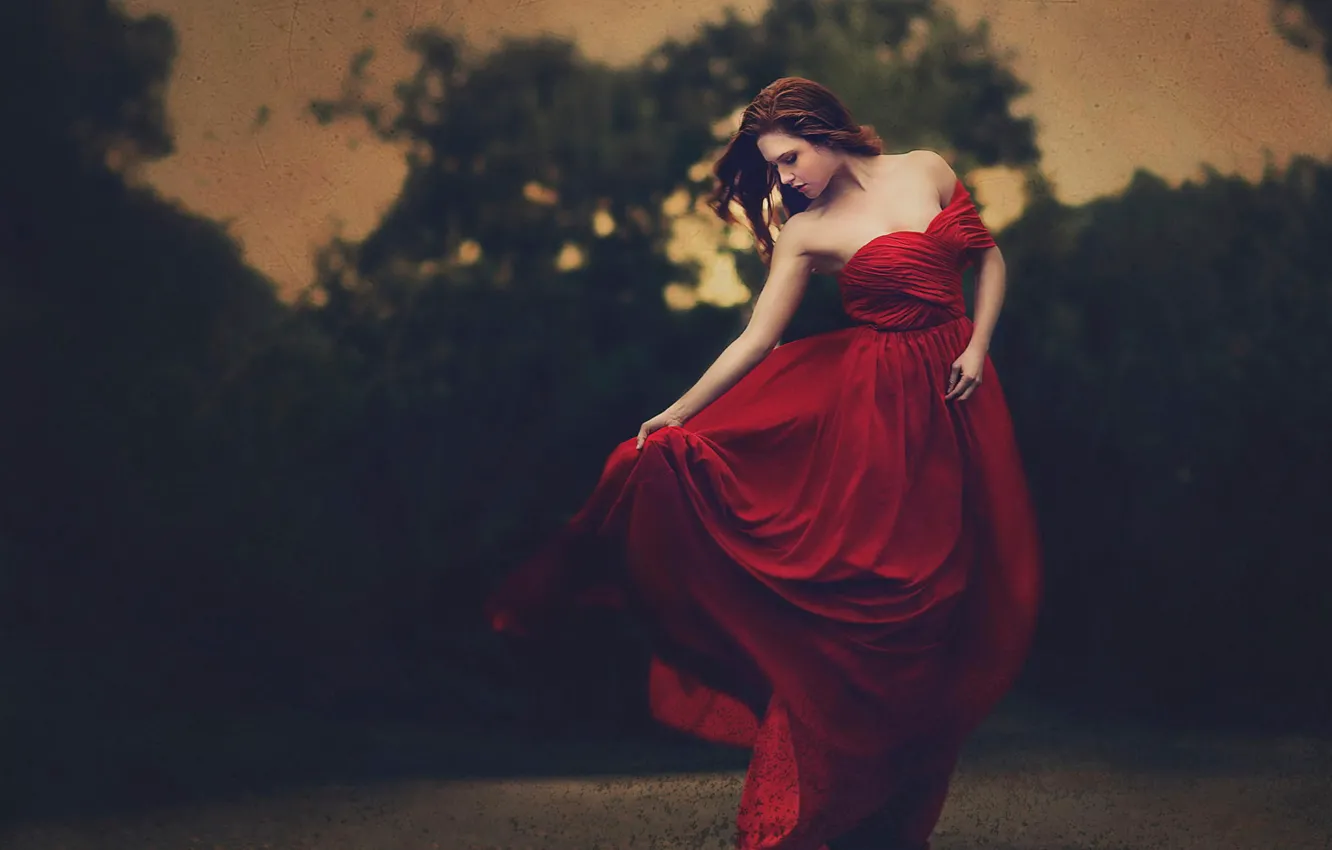 Photo wallpaper girl, dress, scratches, in red, filter