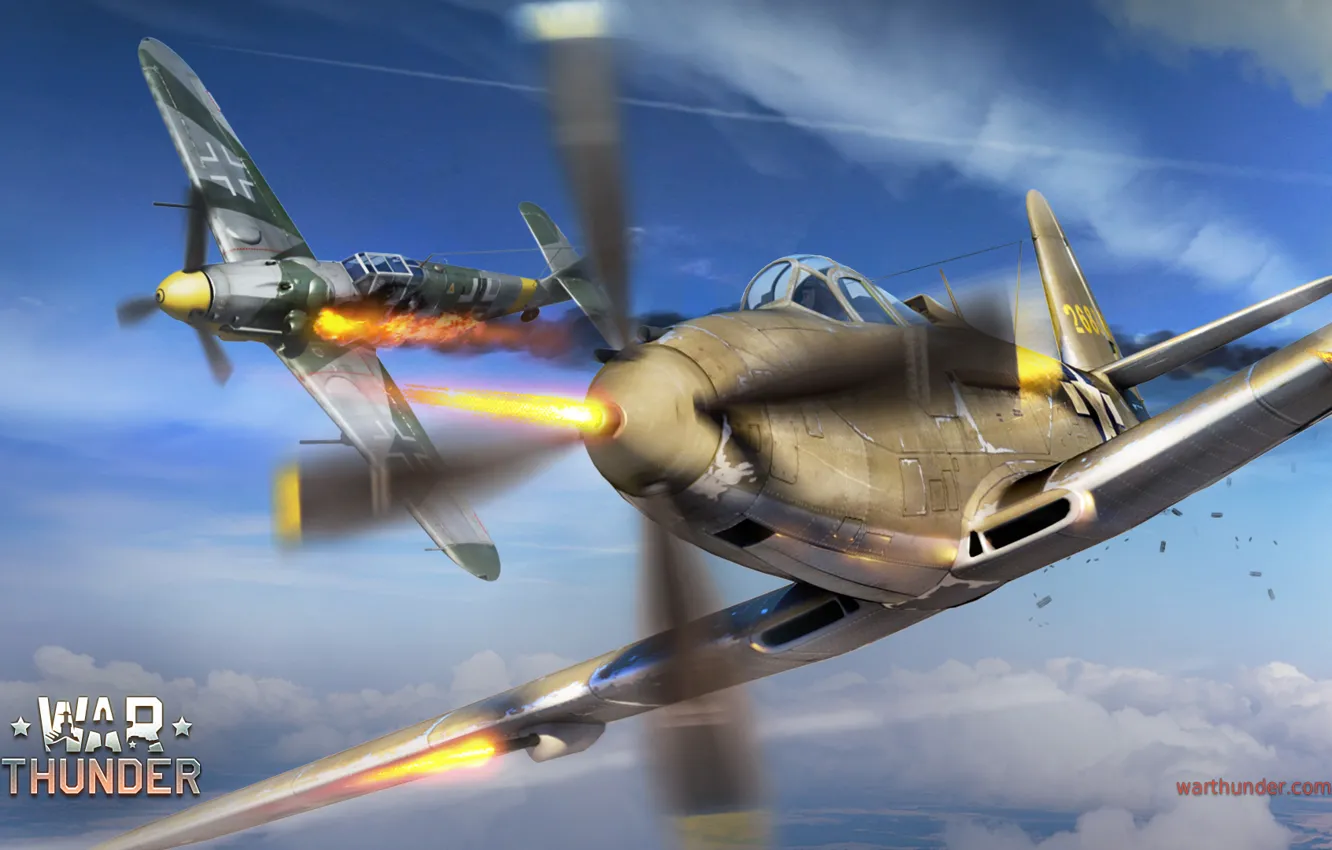 Photo wallpaper the sky, clouds, fire, war, fighter, Art, Messerschmitt, American