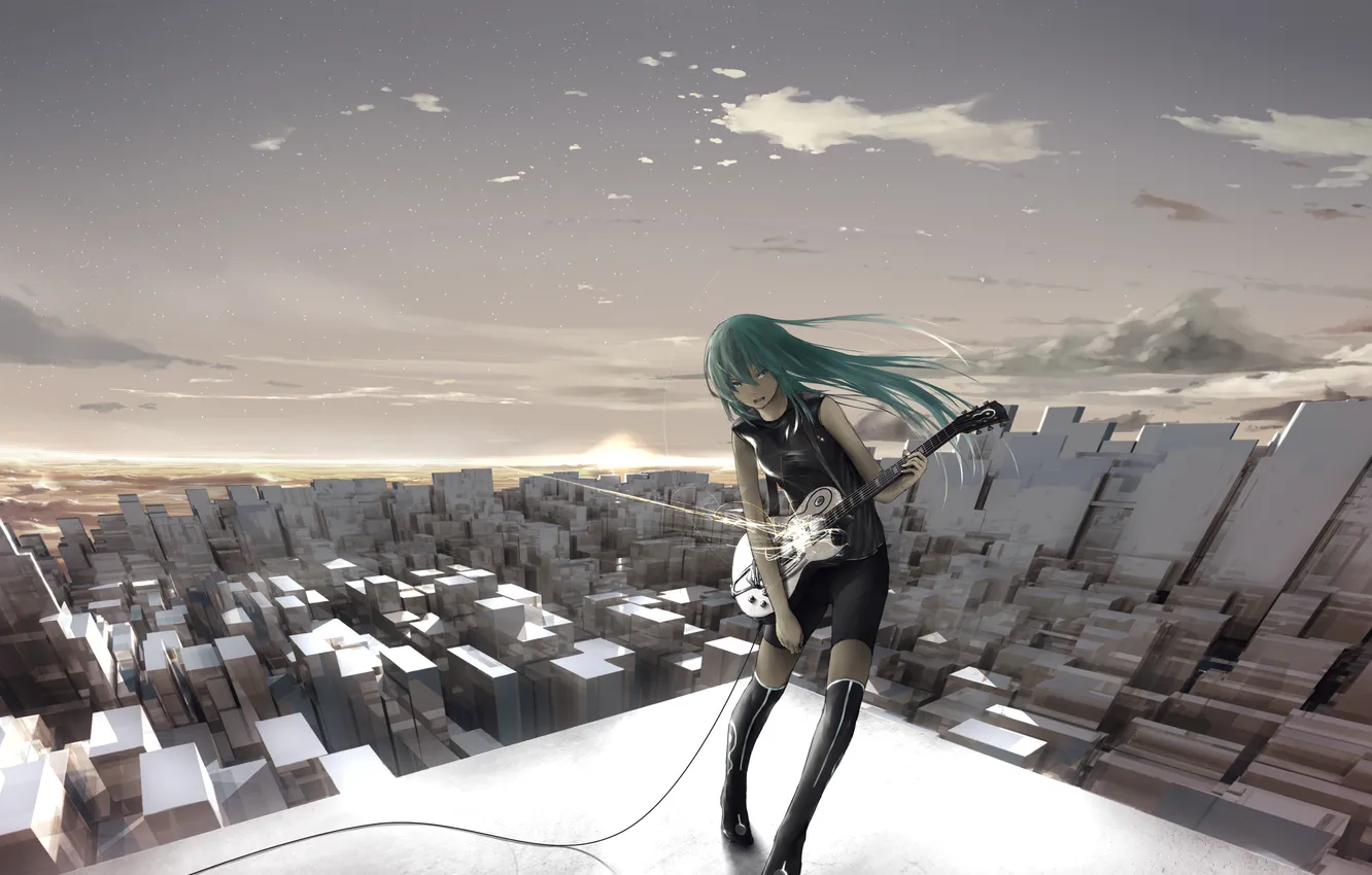 Photo wallpaper roof, girl, the city, music, guitar, art, wire, vocaloid