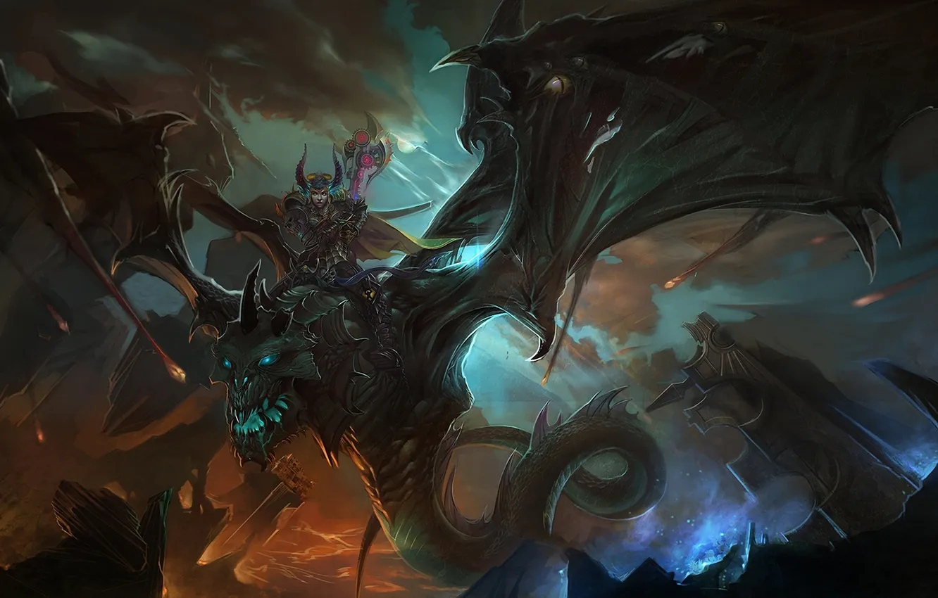 Photo wallpaper rocks, dragon, wings, monster, art, lava, horns, rider