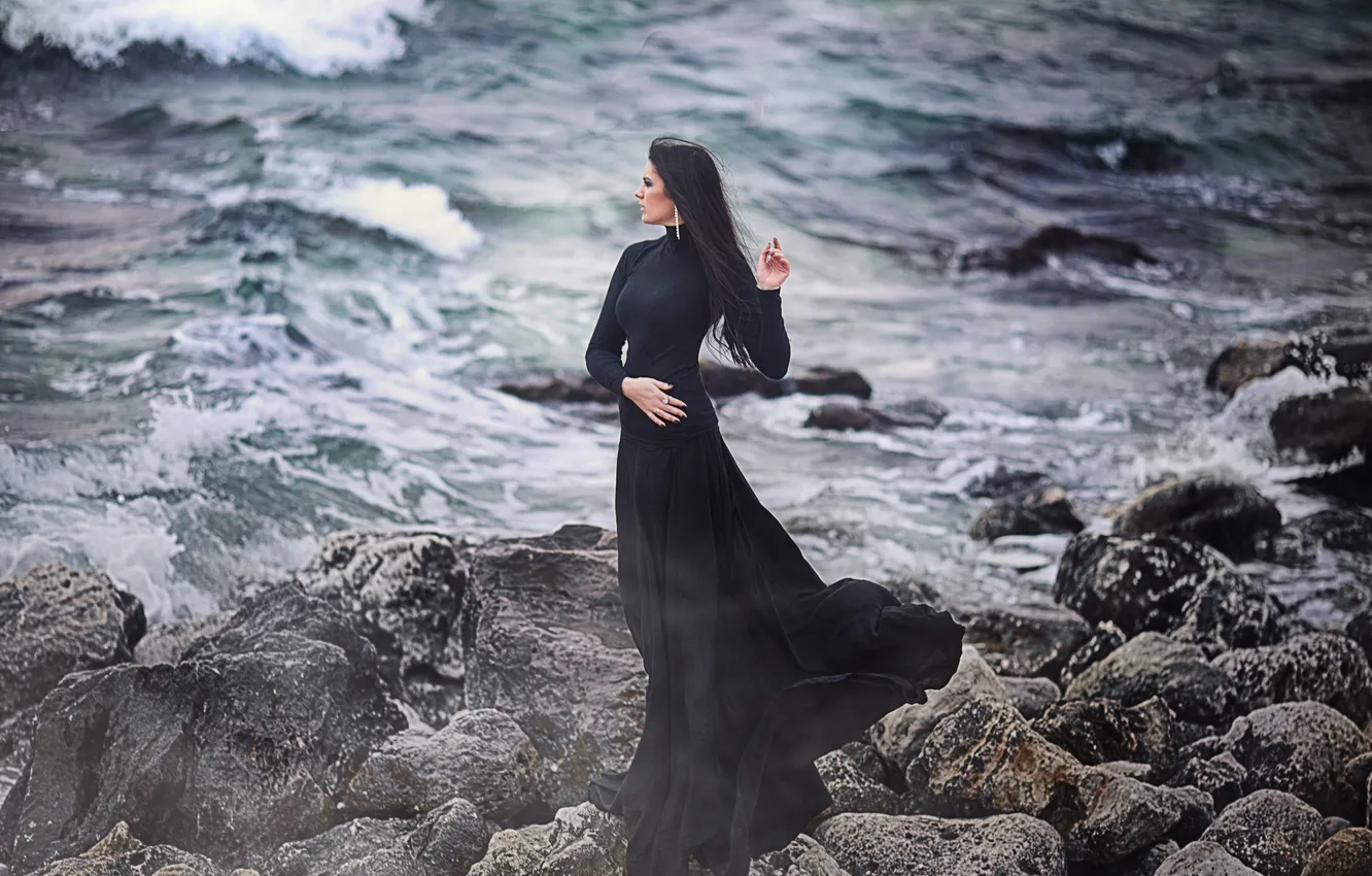 Photo wallpaper sea, wave, girl, stones, profile, black dress