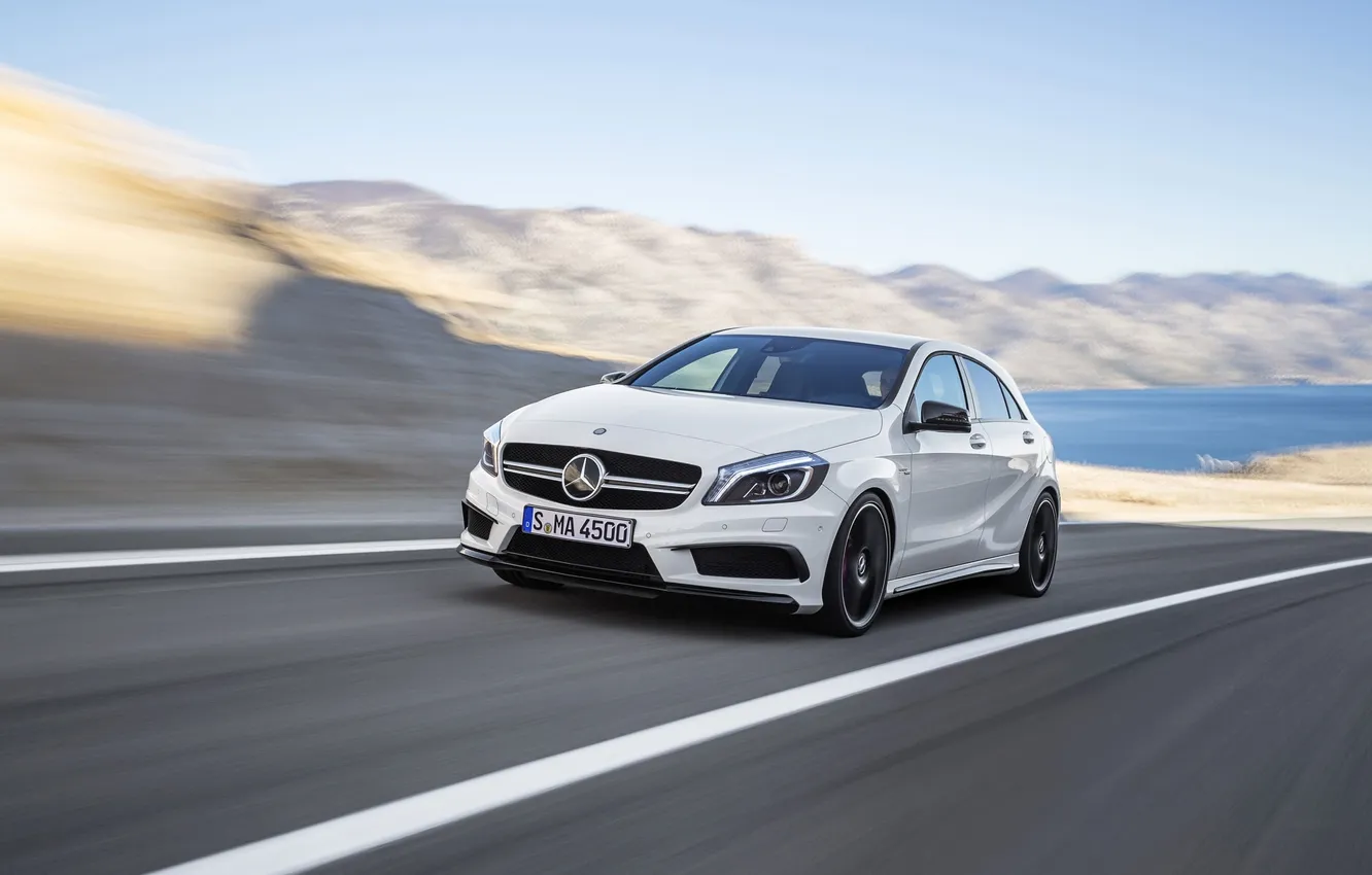 Photo wallpaper white, Mercedes-Benz, in motion, AMG, the front, A45