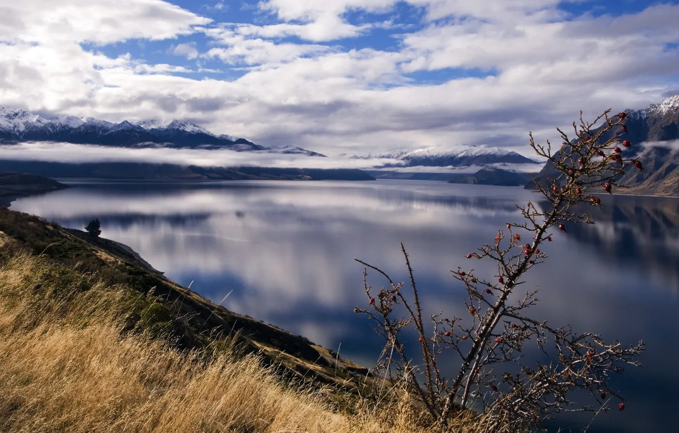 Photo wallpaper the sky, grass, water, clouds, mountains, lake, surface, shore