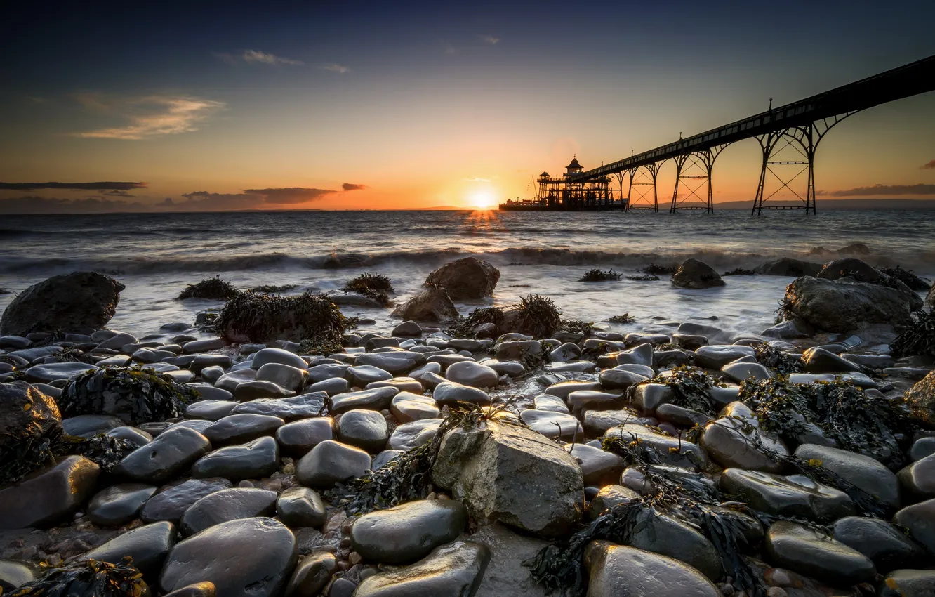 Photo wallpaper sea, sunset, bridge
