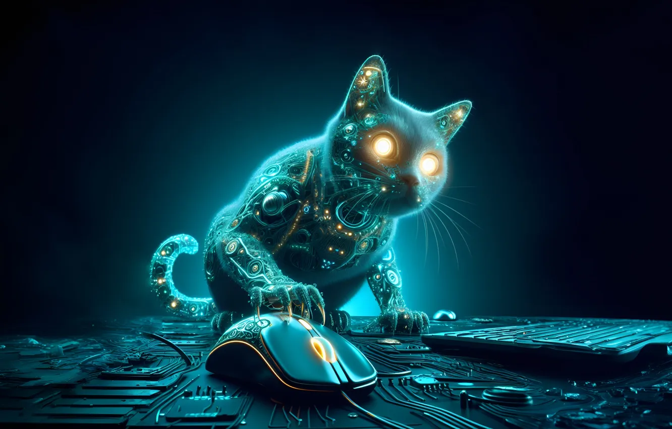 Photo wallpaper wallpaper, fantasy, cat, picture, Computer Mouse