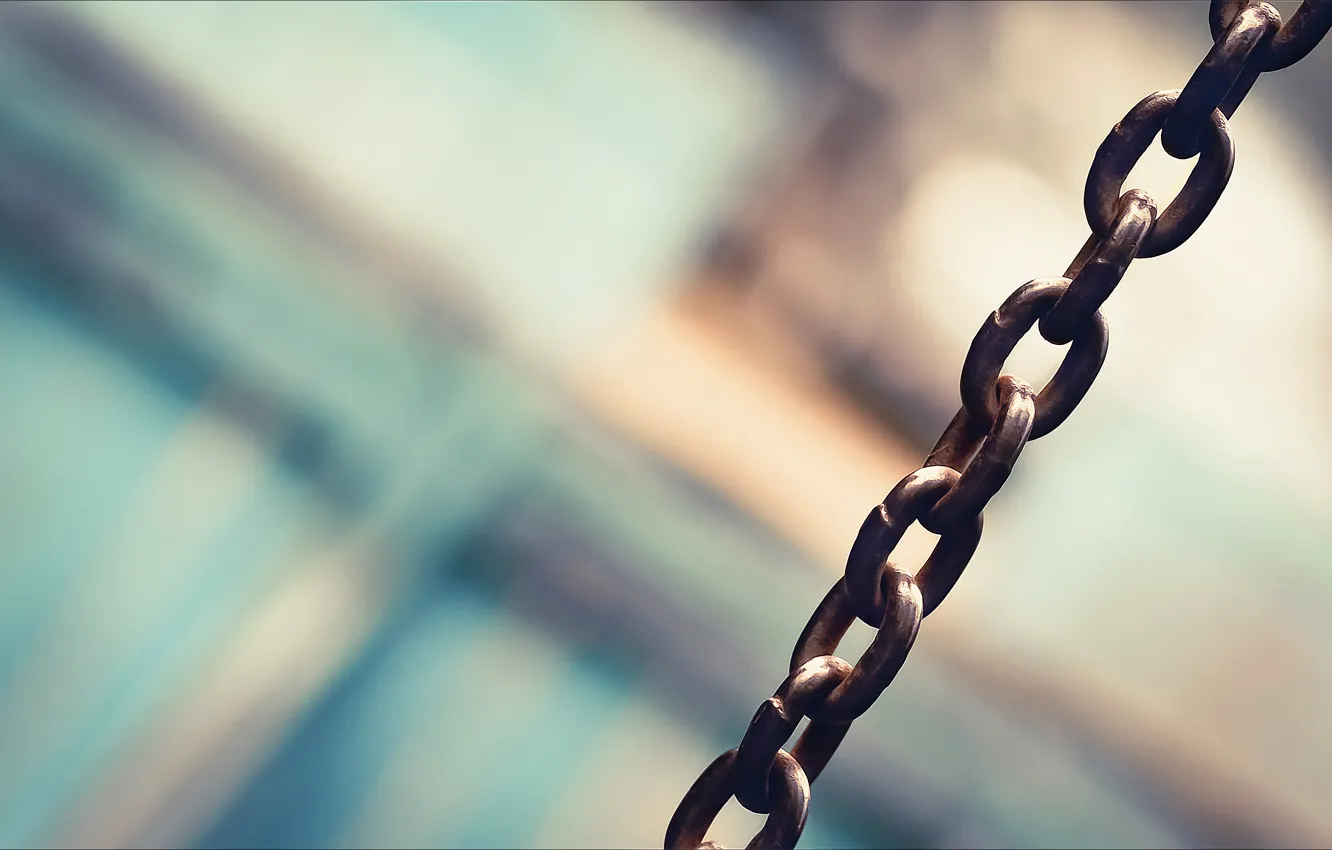 Photo wallpaper orange, blue, chain, chain, blurred background, link
