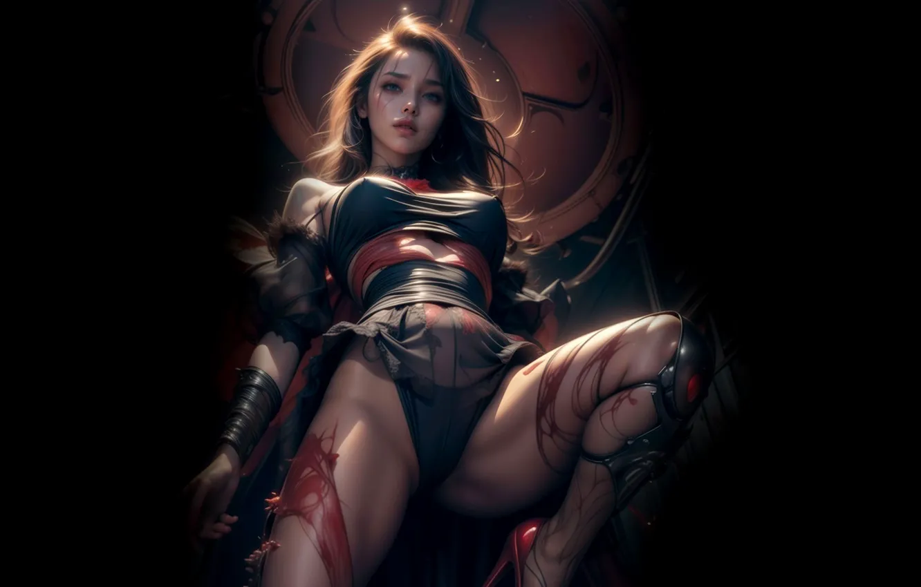 Photo wallpaper chest, girl, feet, clothing, hair, lips, legs, blue eyes