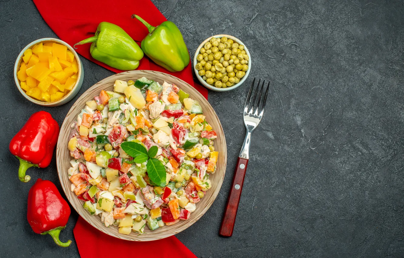 Photo wallpaper table, food, plate, vegetables, salad, submission