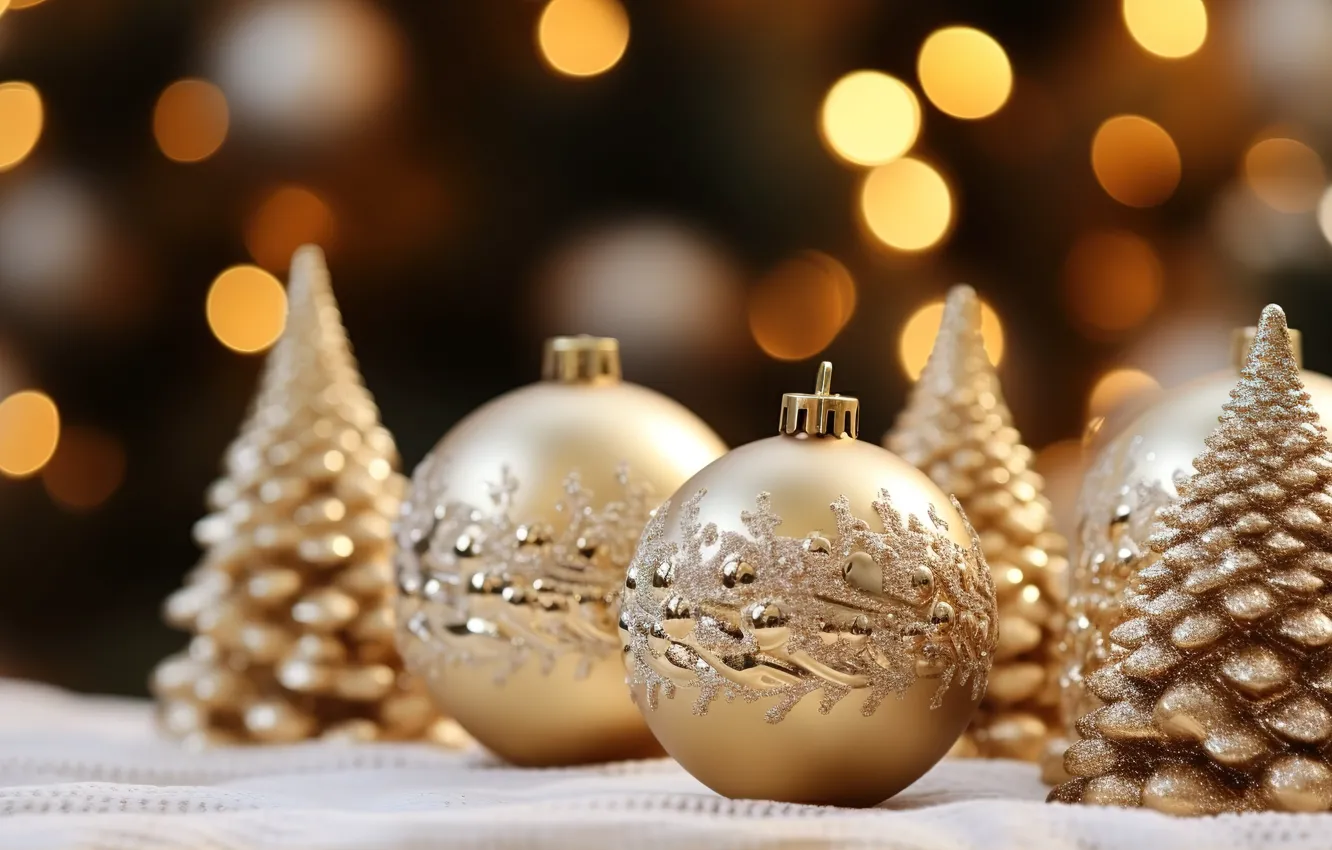 Photo wallpaper background, balls, new year, Christmas, golden, Christmas, balls, background