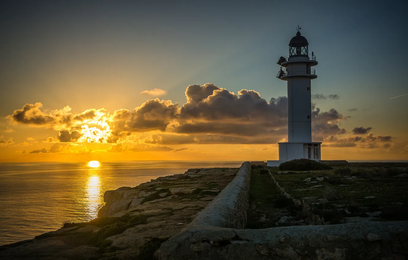 Photo wallpaper sea, sunset, coast, lighthouse, Spain, Spain, The Mediterranean sea, Mediterranean Sea
