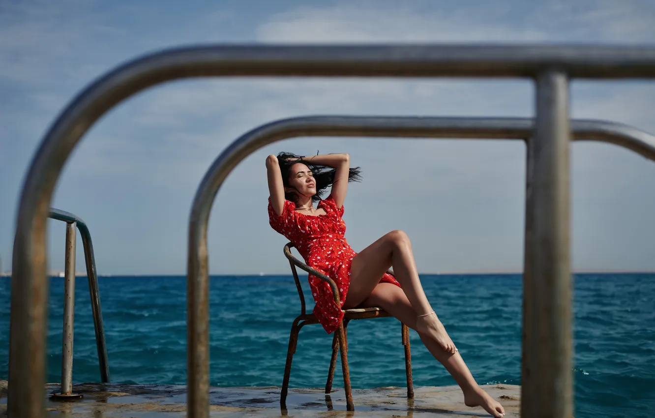 Photo wallpaper girl, sky, legs, sea, nature, clouds, model, chair