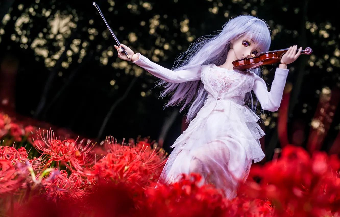 Photo wallpaper girl, flowers, violin, hair, doll