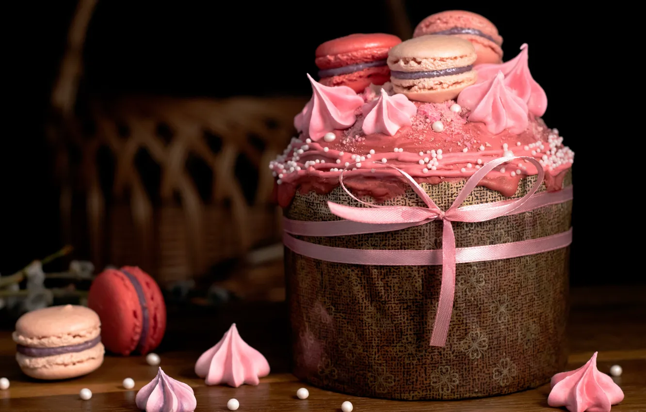 Photo wallpaper pink, cake, the dark background, holiday, cakes, dessert, basket, sweet