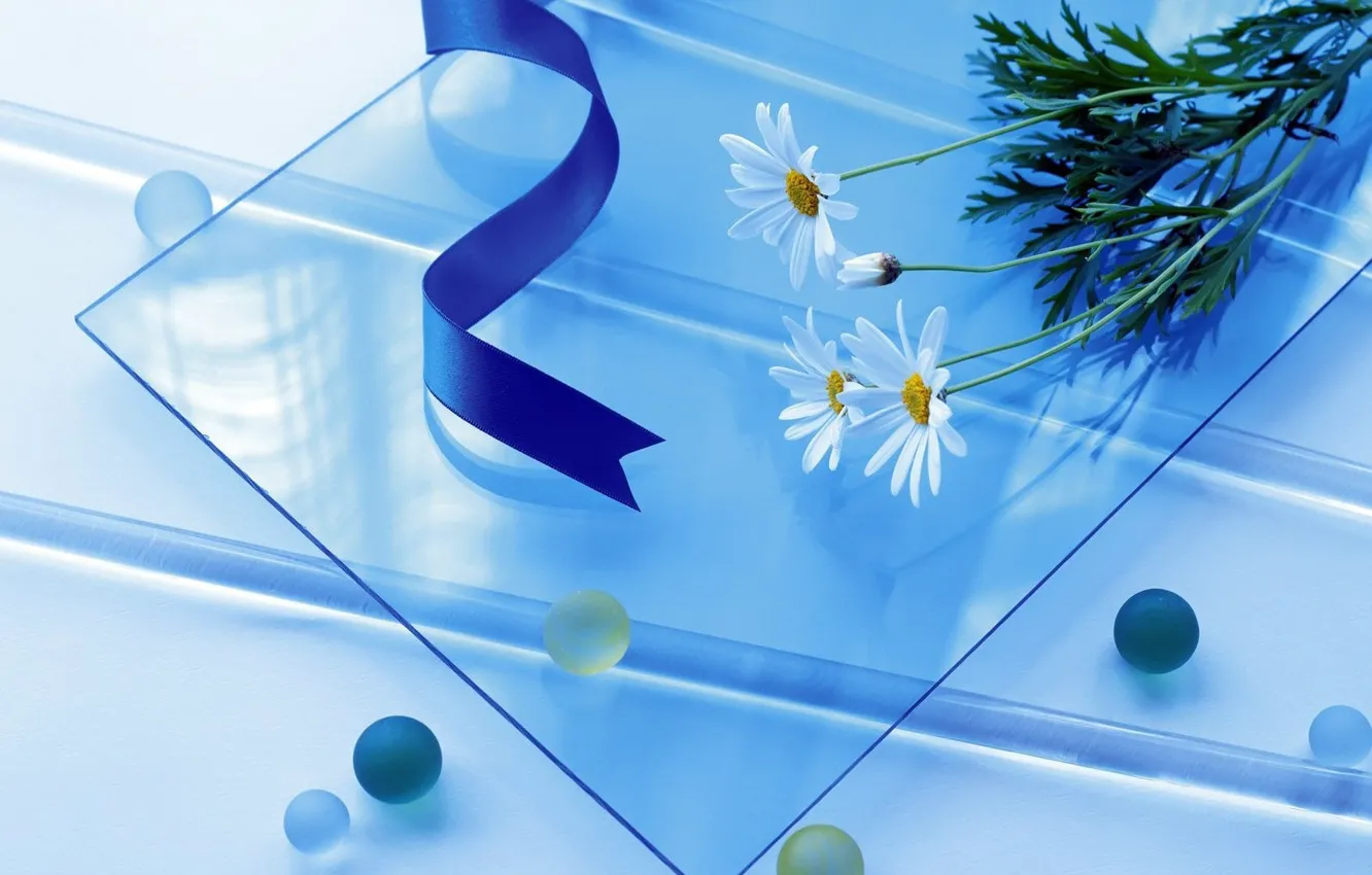 Photo wallpaper glass, flowers, blue, tape, blue, simple, balls, round