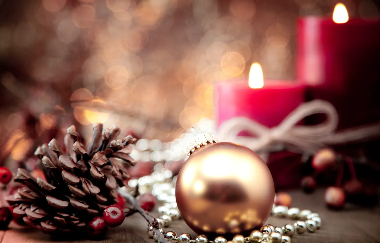 Photo wallpaper winter, balls, holiday, balls, toy, new year, candles, blur