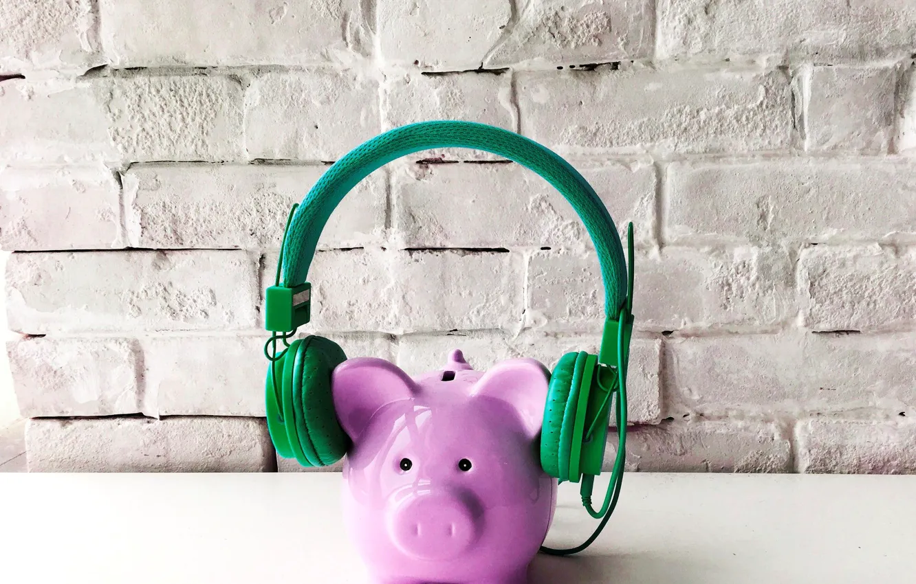 Photo wallpaper piggy, headphones, pig