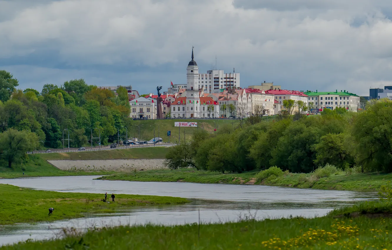 Photo wallpaper landscape, nature, the city, river, spring