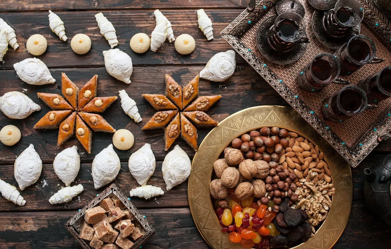 Photo wallpaper tea, cookies, nuts, cuts, Oriental sweets