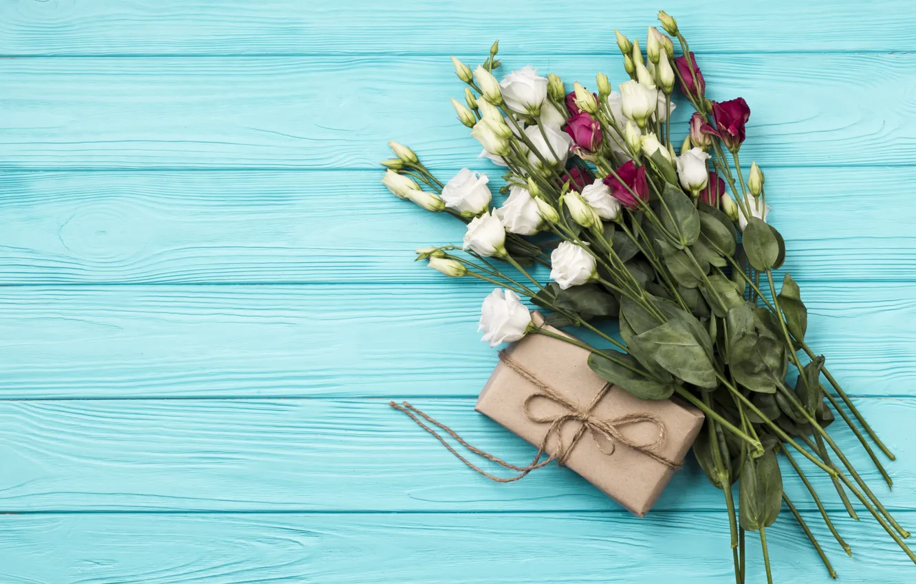 Photo wallpaper background, gift, blue, bouquet, wood, eustoma, bouguet