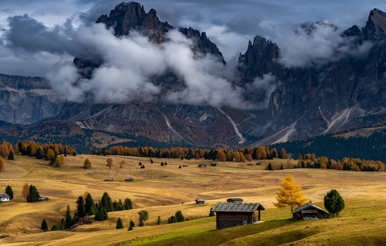 Photo wallpaper autumn, clouds, mountains, fog, rocks, Alps, pair, house