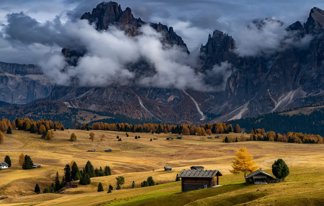 Photo wallpaper autumn, clouds, mountains, fog, rocks, Alps, couples, houses