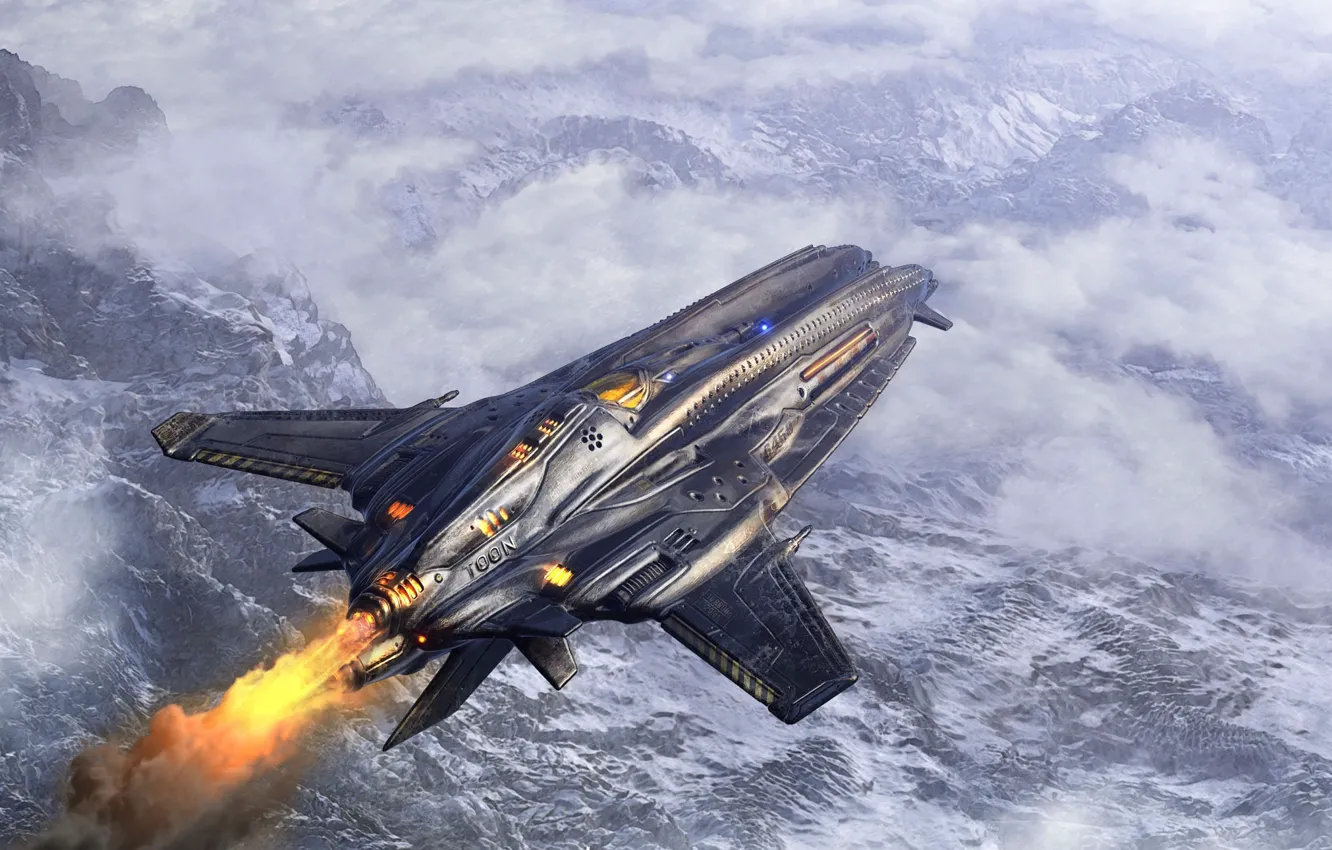 Photo wallpaper clouds, flight, mountains, fiction, ship, art, in the sky