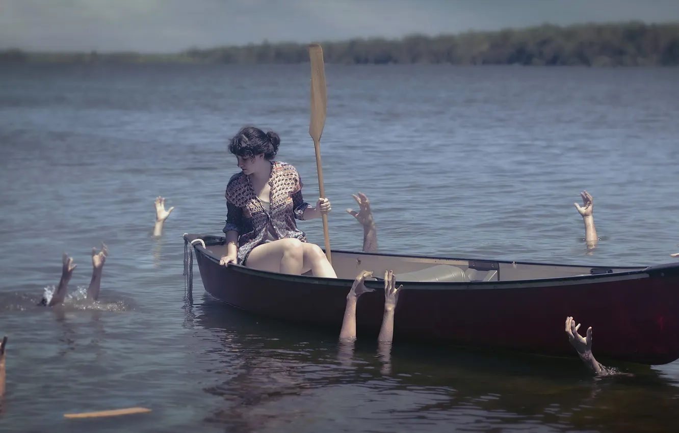 Photo wallpaper girl, lake, boat, hands