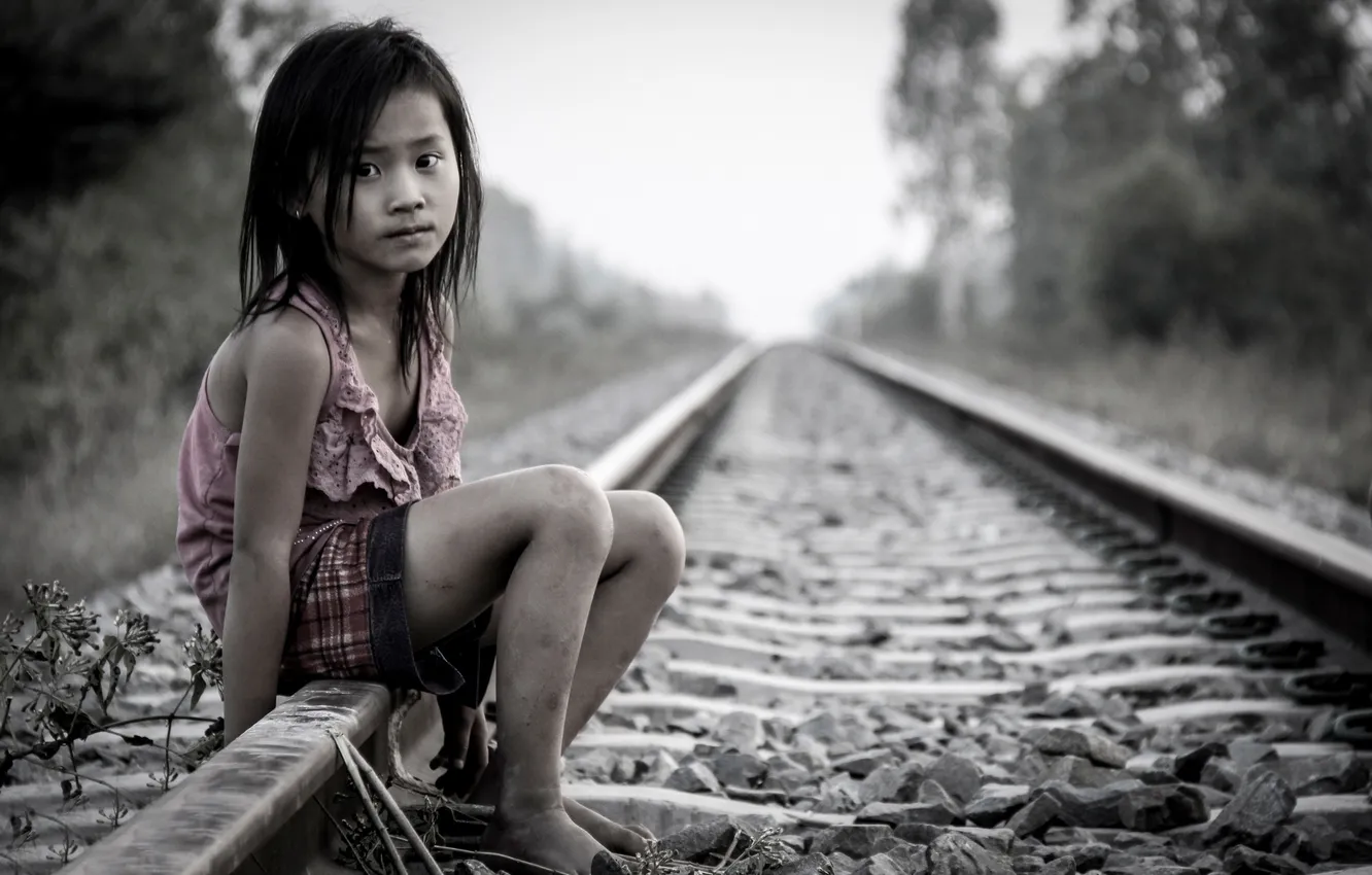 Photo wallpaper girl, Girl on Railway