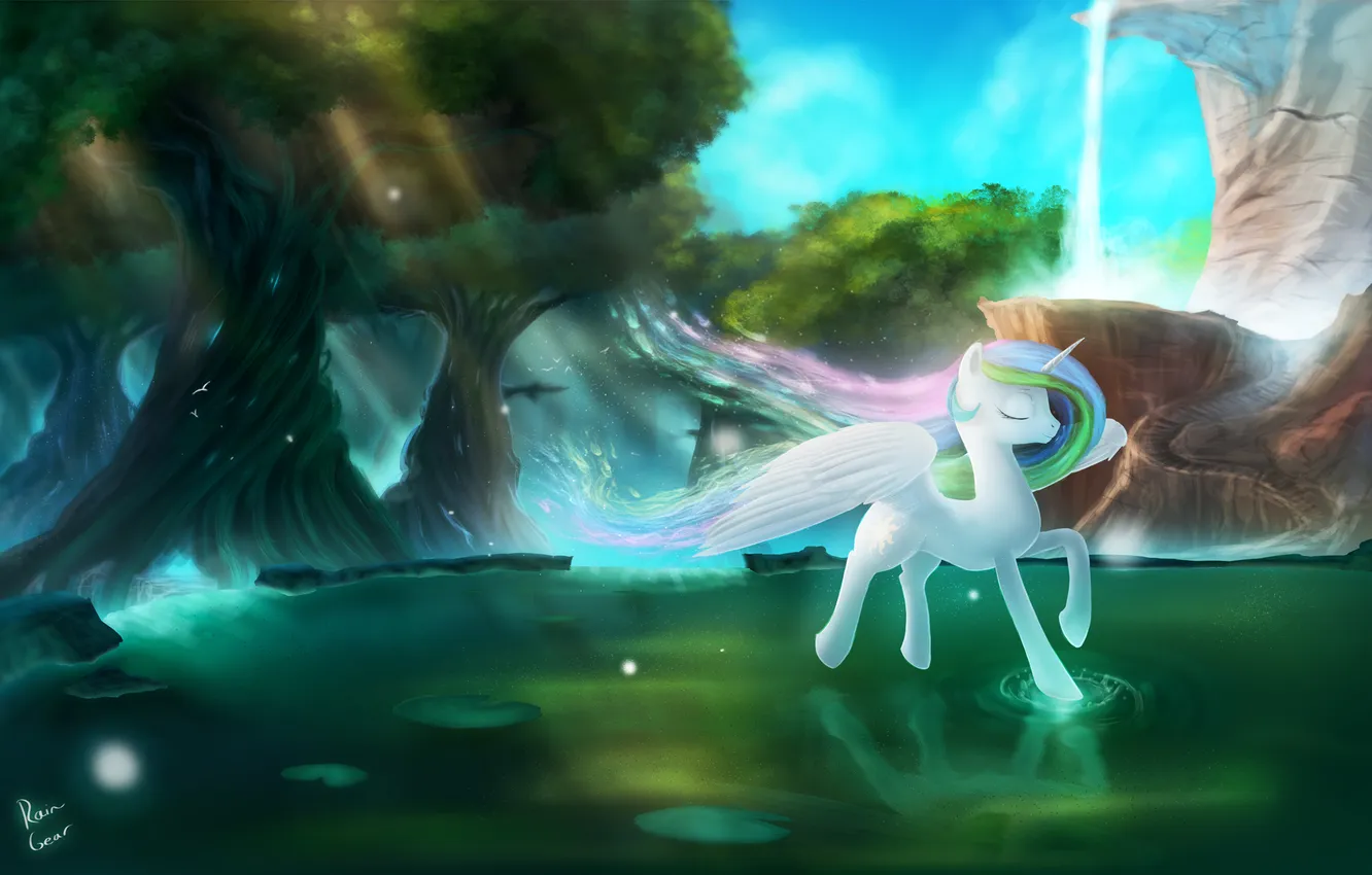 Photo wallpaper trees, river, cartoon, pony, rock.waterfall