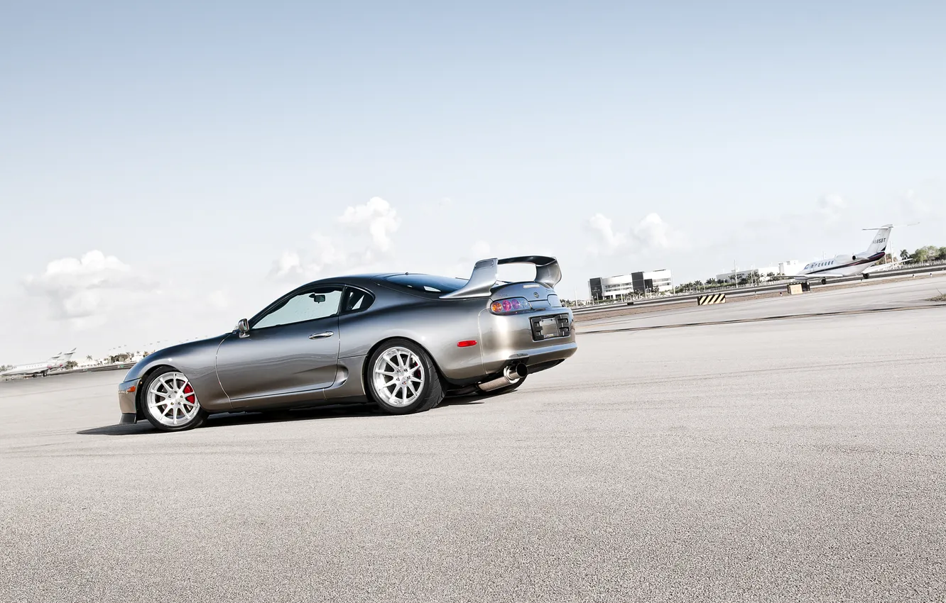 Photo wallpaper the sky, clouds, silver, Toyota, the plane, Supra, Toyota, supra