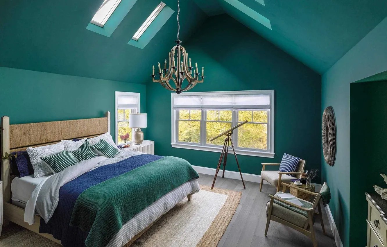 Photo wallpaper design, style, room, interior, bedroom, bedroom, Green walls, open skylights