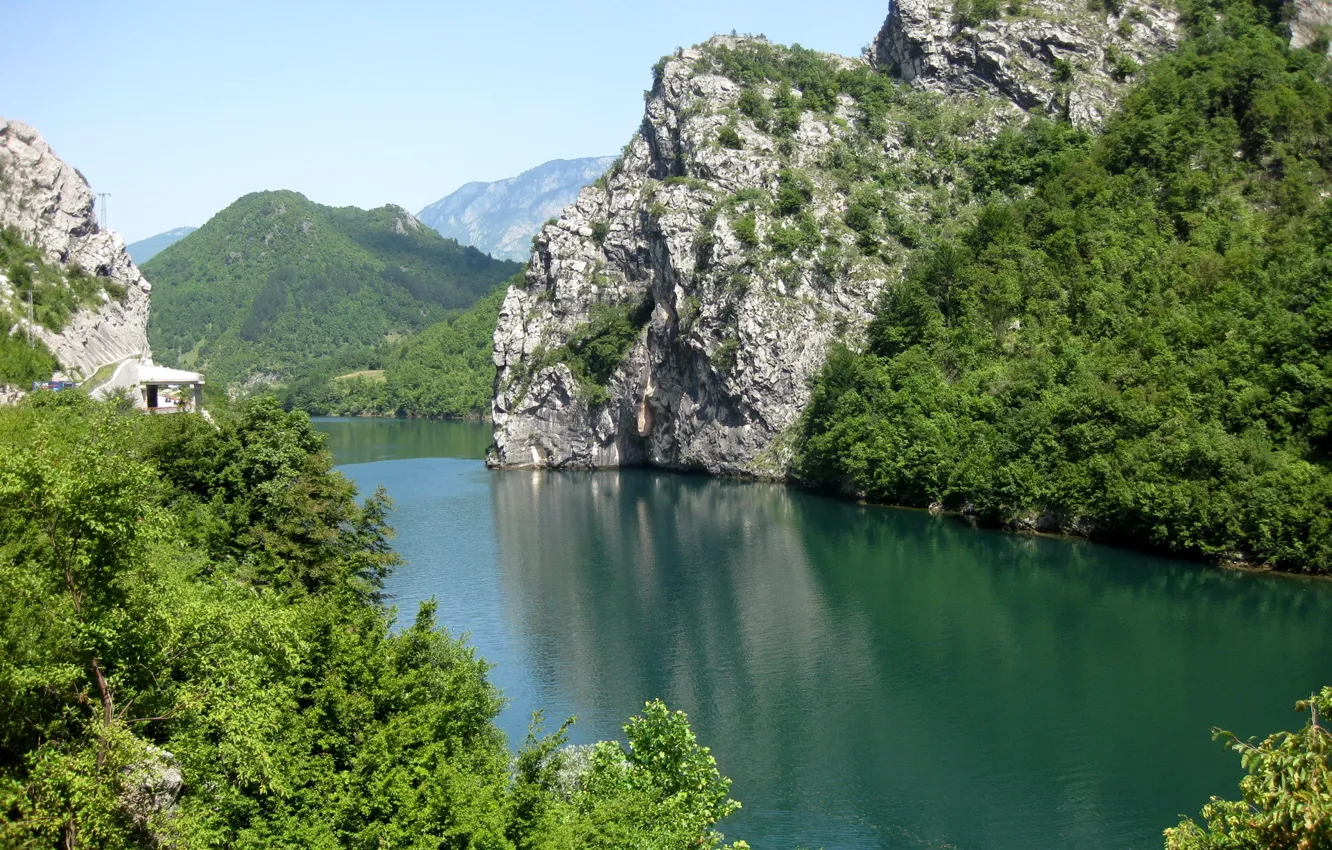 Photo wallpaper forest, trees, mountains, river, rocks, Bosnia and Herzegovina, Neretva