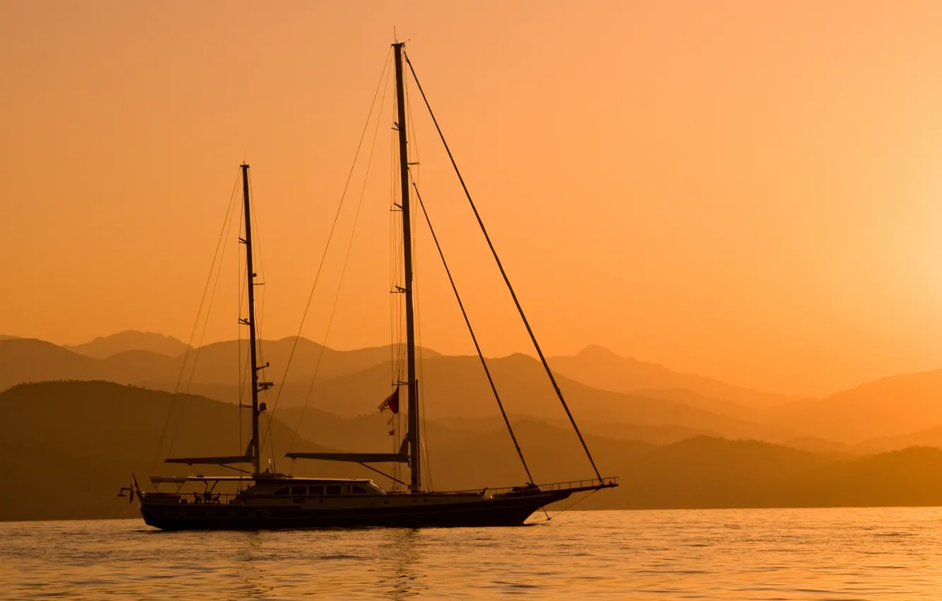 Photo wallpaper sea, fog, coast, ship, morning, haze, calm, mast
