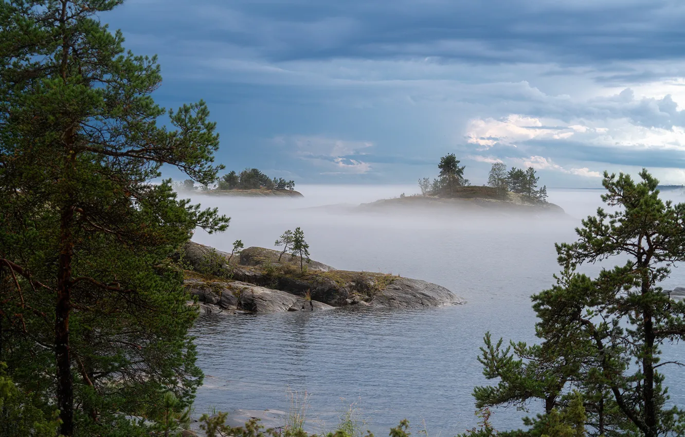 Photo wallpaper landscape, nature, fog, stones, Lake Ladoga, Karelia, Ladoga, Skerries