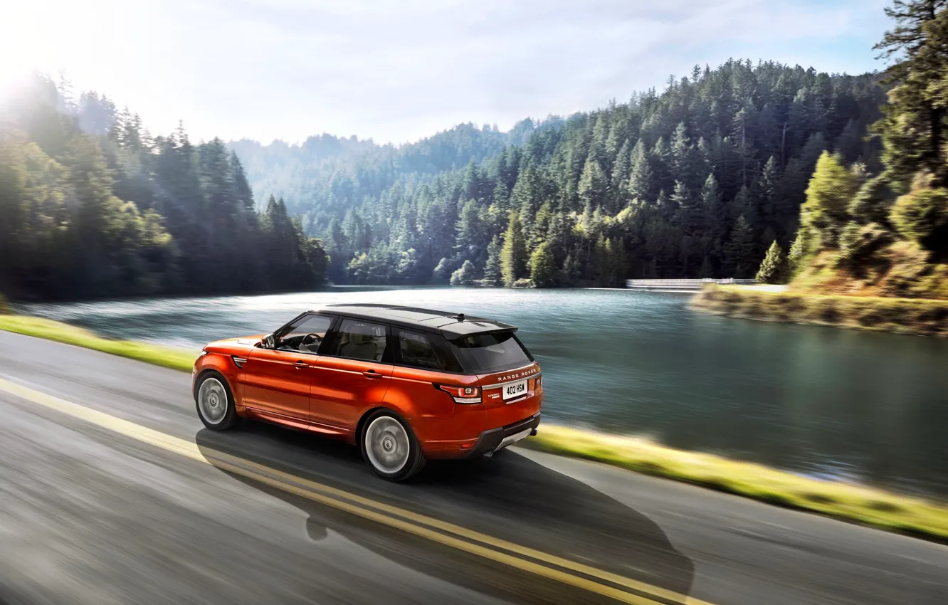 Photo wallpaper Auto, Road, Lake, Forest, Orange, Land Rover, Range Rover, Sport