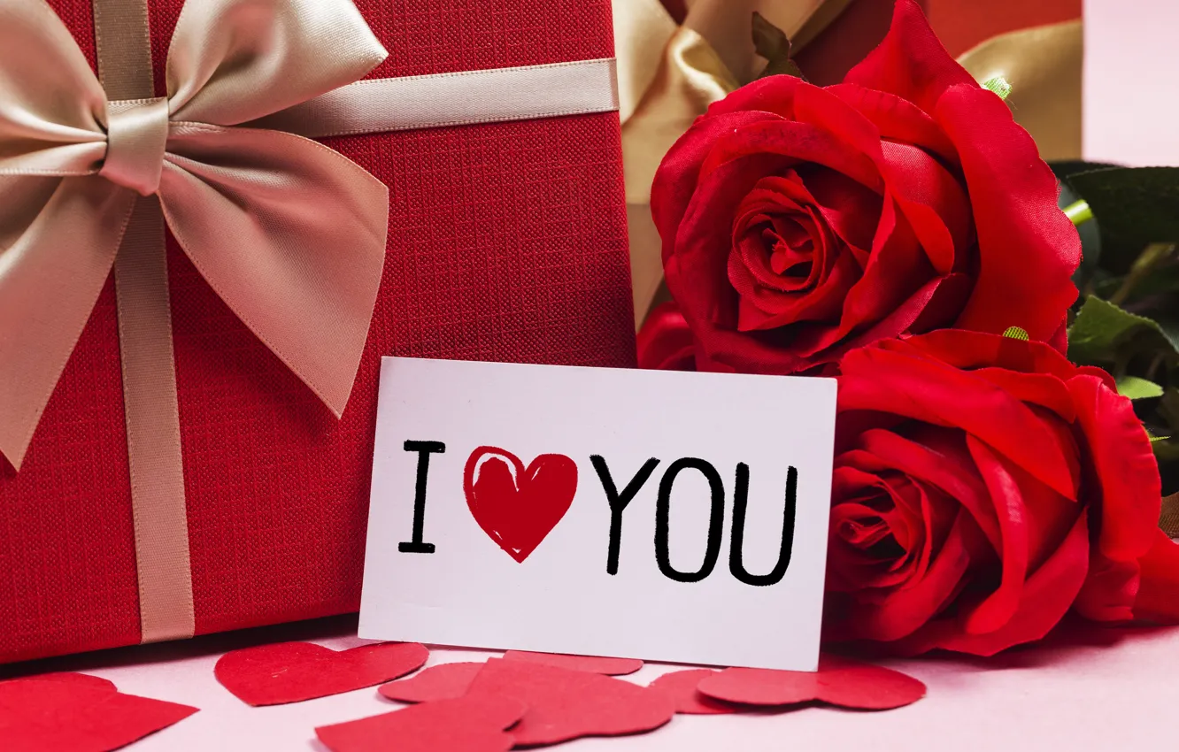 Photo wallpaper love, flowers, gift, heart, roses, red, love, i love you