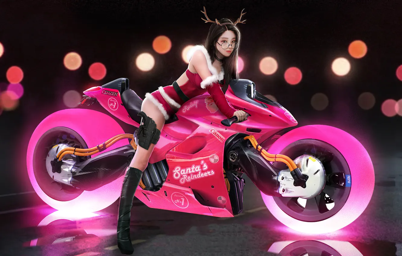 Photo wallpaper weapons, pink, bike, legs, Asian, pink, Cyber, new year's outfit