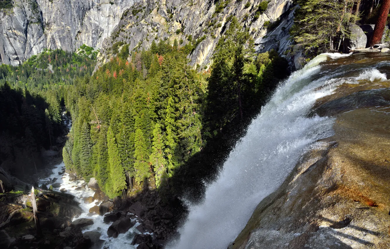 Photo wallpaper Water, Nature, Waterfall, Rocks, Trees, River, Stones