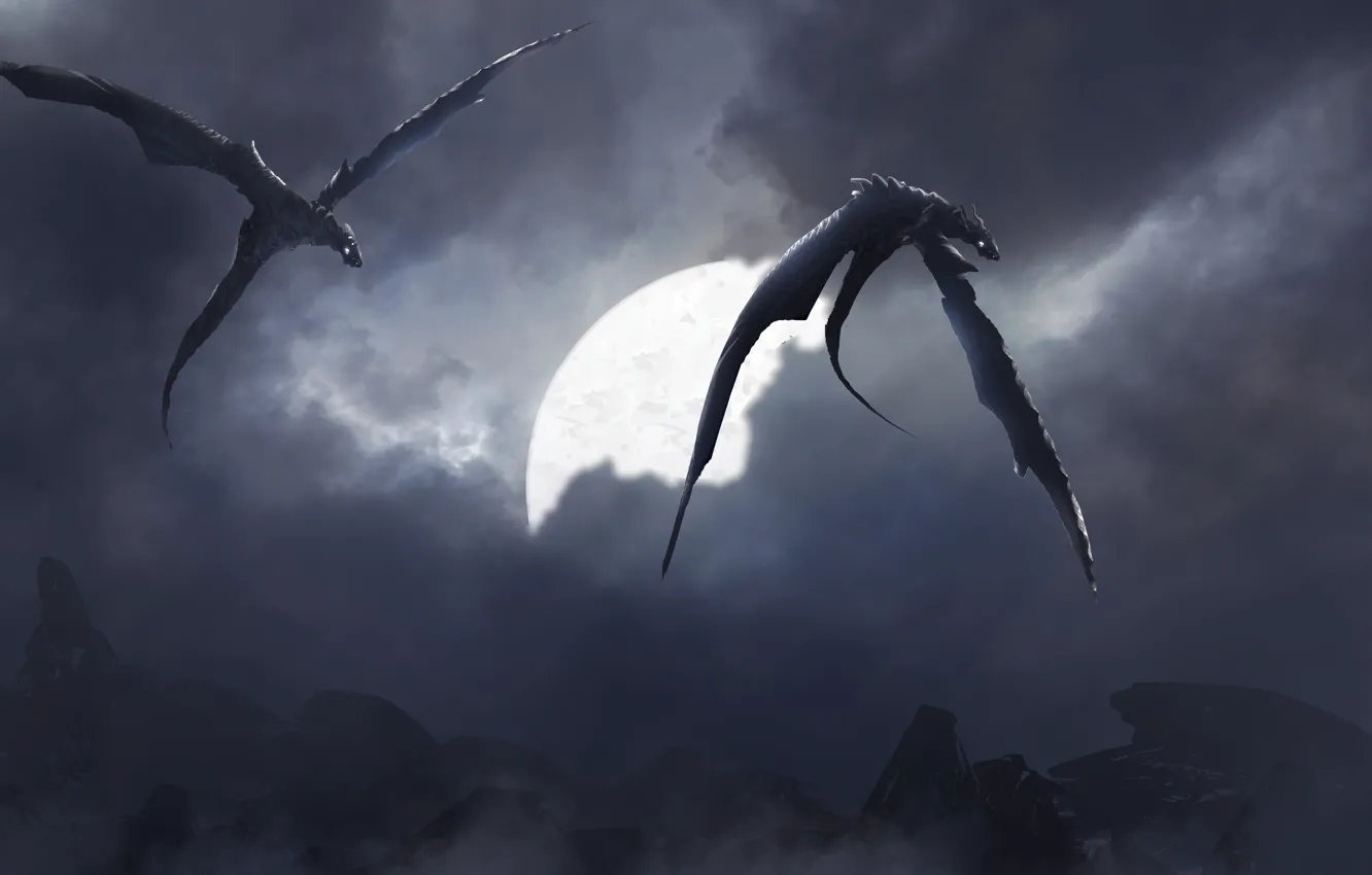 Photo wallpaper landscape, night, fiction, the moon, dragon, figure, monster, art