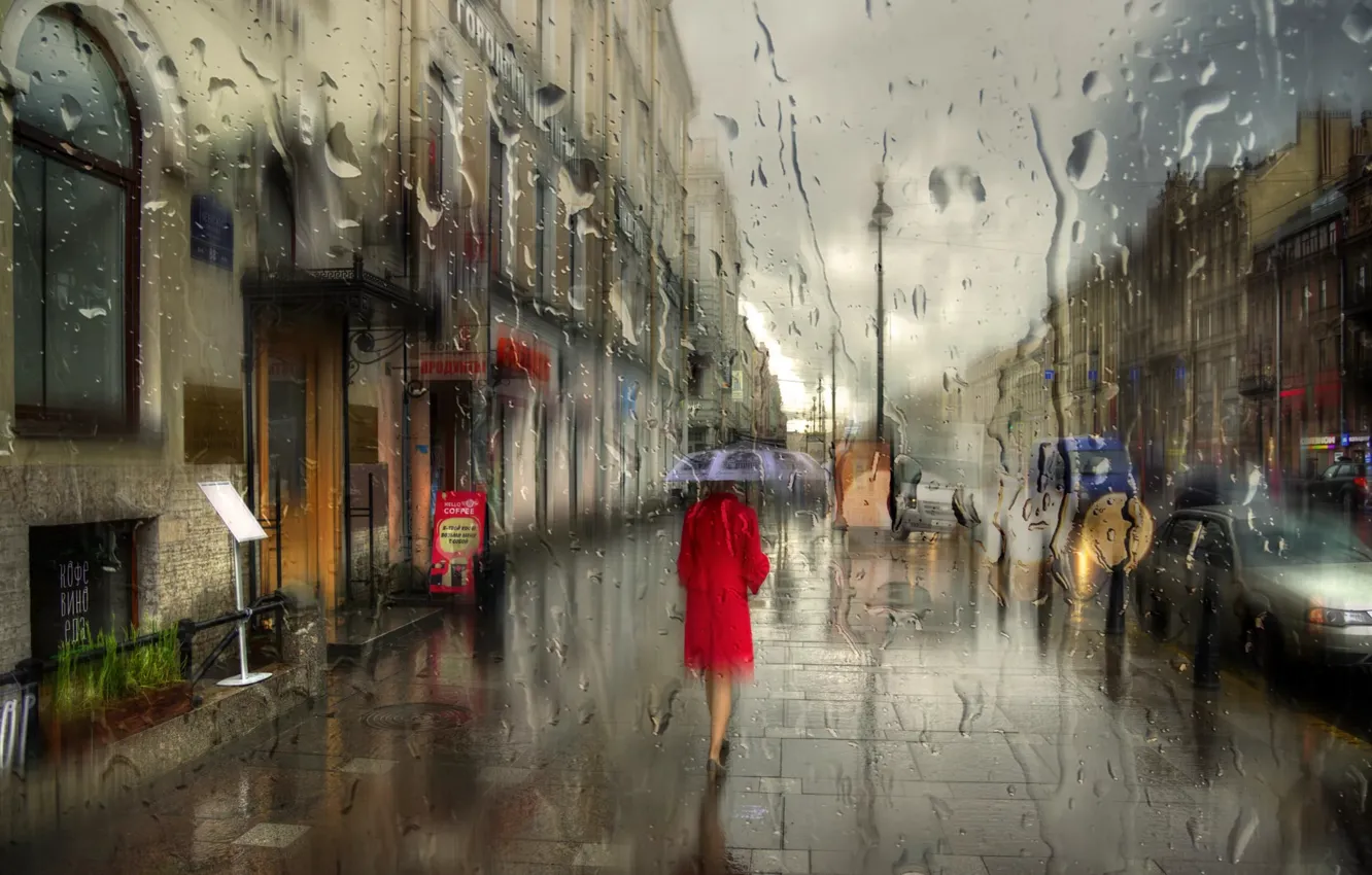 Photo wallpaper girl, drops, macro, rain, umbrella, Peter, Saint Petersburg