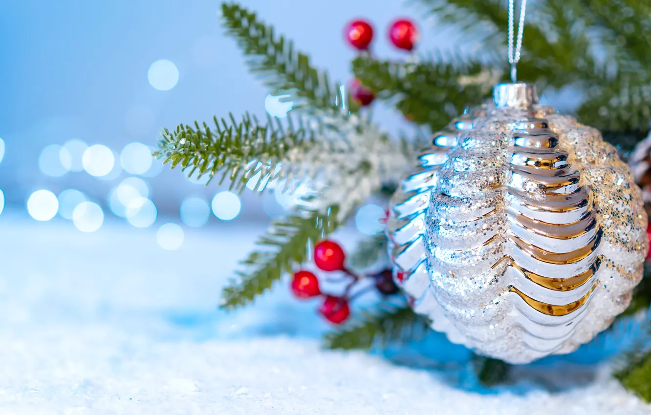 Photo wallpaper winter, balls, light, snow, branches, berries, holiday, balls