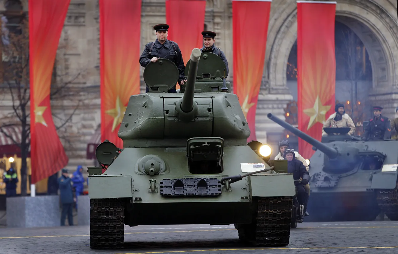 Photo wallpaper holiday, parade, T-34, Soviet medium tank