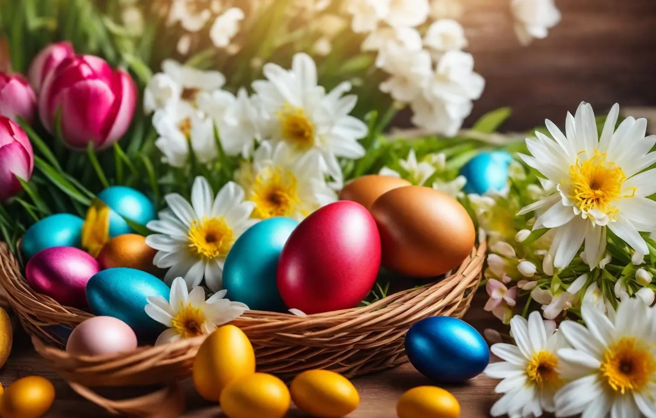 Photo wallpaper flowers, eggs, spring, colorful, Easter, flowers, spring, Easter