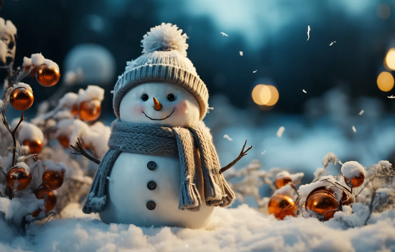 Photo wallpaper winter, snow, new year, Christmas, snowman, Christmas, night, winter