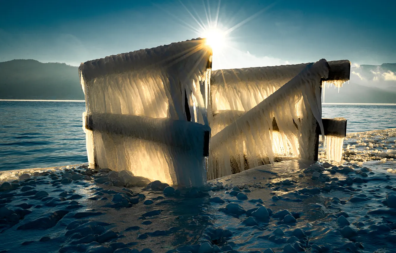 Photo wallpaper ice, winter, the sky, the sun, clouds, rays, light, mountains