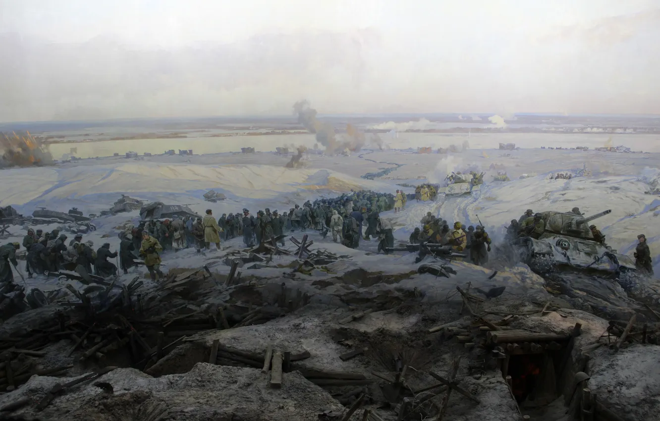 Photo wallpaper Winter, Snow, War, Panorama, Picture, Soldiers, Fragment, Russian