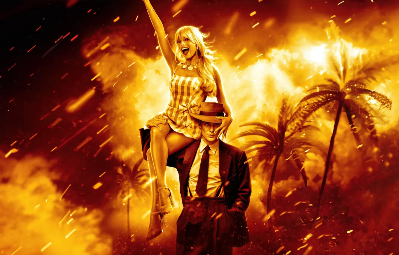 Photo wallpaper girl, lights, palm trees, fire, flame, the film, sparks, blonde