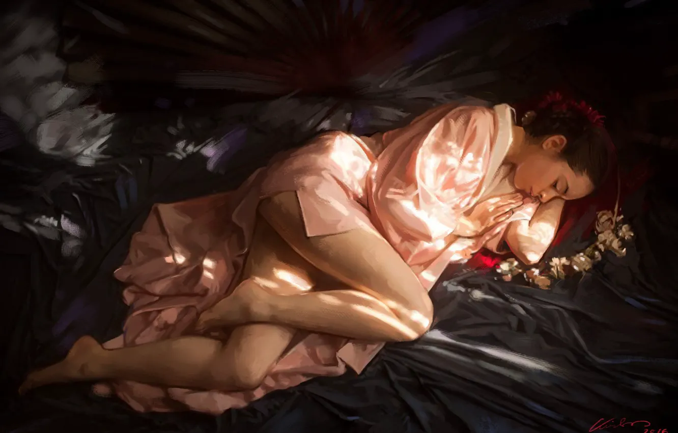 Photo wallpaper girl, pink, feet, sleep, blanket, bed, Bathrobe, art