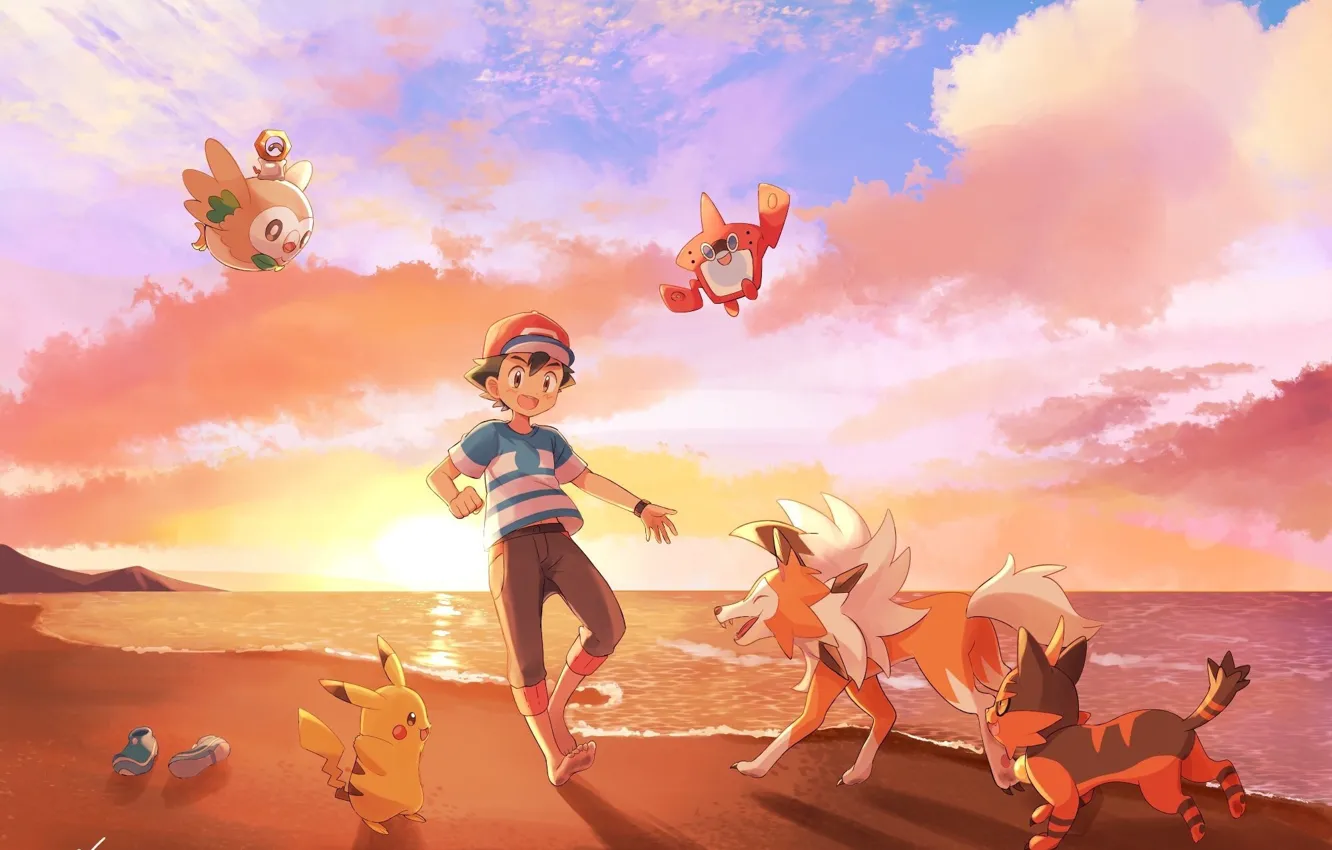 Photo wallpaper Sunset, The sky, Beach, boy, Pokemon, Boy, Pokemon, Pikachu